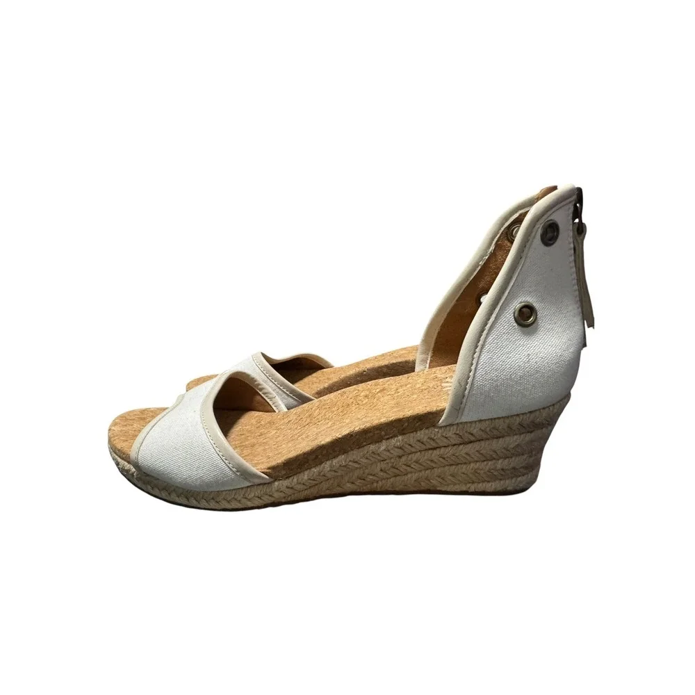 UGG Canvas Espadrille Wedge Sandals Cream Cork Jute Sz 7 Back Zip Open Toe